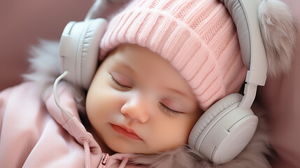 Cute baby sleeping with headphones on comfortable sofa in the room, close up