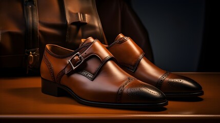 High Luxurious craftsmanship Leather Shoes on wooden top table and blurry leather bag.