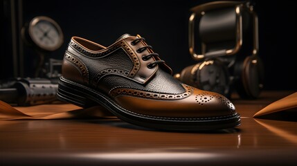 High Luxurious craftsmanship Leather Shoes old-fashioned on table in shoe store.
