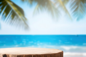 Fototapeta na wymiar Wooden round tabletop set against a blurred tropical beach backdrop, perfect for showcasing your products or montage. High quality photo