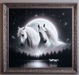 Beautiful painting of white horses black night sky full of stars and a big moon framed in a 3D decorated frame hanging on the wall as wall art