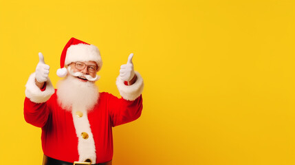 Fototapeta na wymiar Funny happy excited old bearded Santa Claus face wearing costume looking at camera showing pointing fingers aside advertising