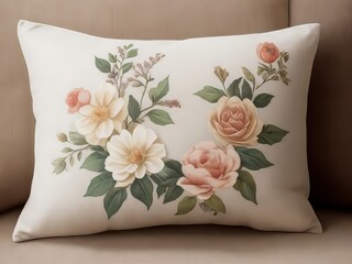 Una almohada acogedora y rústica hecha de materiales naturales y con diseños florales pintados a mano
