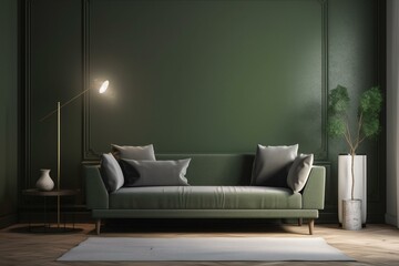 An interior setup featuring a grey sofa, wooden floor lamp, and a green vase in a well-lit living room, depicted through 3D rendering. Generative AI