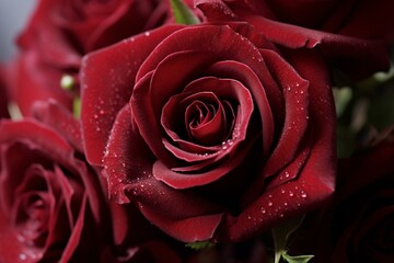 Close-up of deep crimson rose bouquet. Generative AI