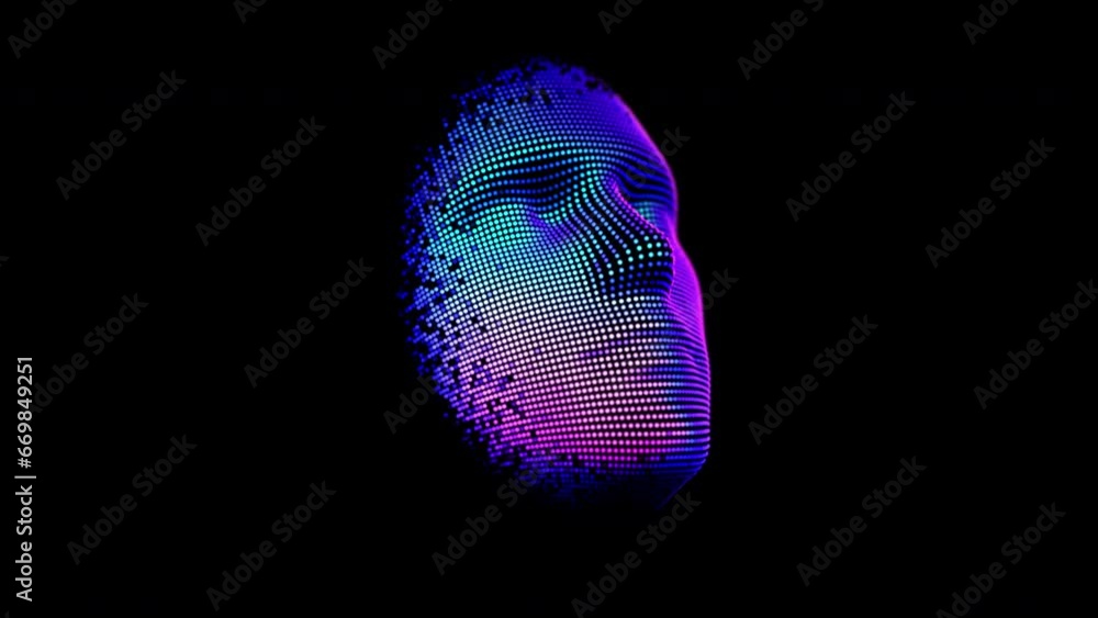 Poster artificial intelligence 3d human face is created from pixels. abstract concept of virtual virtual re