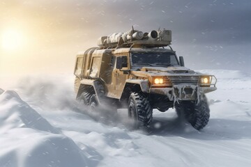 Off-road vehicles driving on snowy slope in arctic desert amid heavy snowfall and snowstorm. Winter scene 3D illustration. Generative AI - obrazy, fototapety, plakaty