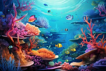 Obraz na płótnie Canvas Illustration of colorful tropical fish swimming among coral reef. Generative AI