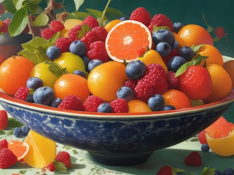 Un vibrante bodegón de un cuenco rebosante de frutas maduras y jugosas, cada una de ellas repleta de color