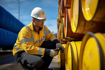 Male worker inspection record drum oil stock barrels yellow vertical or chemical for transportation truck male in the industry