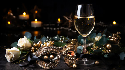Festival Glass of Wine with Masquerade Mask, Decorated with Streamers, on Glittery Table