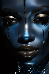Black girl portrait with blue shining makeup and gold accents per face.