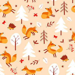 Cartoon cute fox seamless pattern