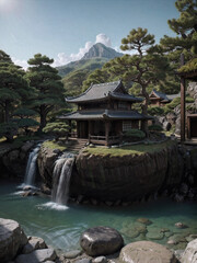 Japanese landscape with a house and a waterfall on the mountain. Generative AI