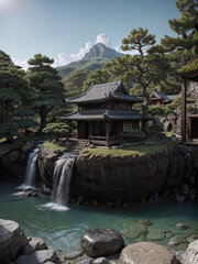 Fototapeta premium Japanese landscape with a house and a waterfall on the mountain. Generative AI