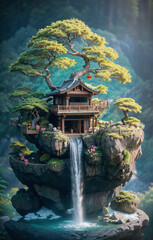Japanese miniature with a house and a waterfall on the mountain. Generative AI