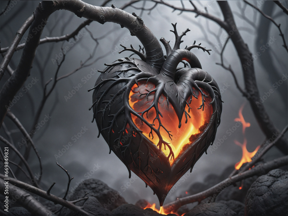 Aufkleber a huge heart made of lava with fire inside against the backdrop of mysterious branches and forest. g