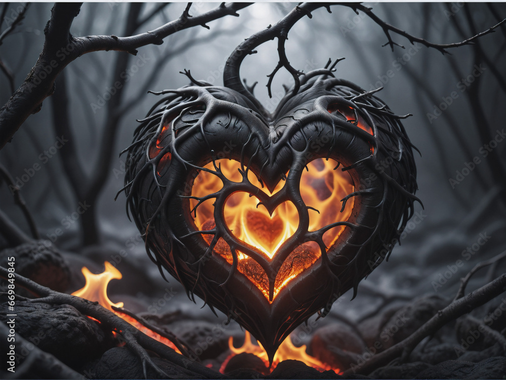 Poster a huge heart made of lava with fire inside against the backdrop of mysterious branches and forest. g