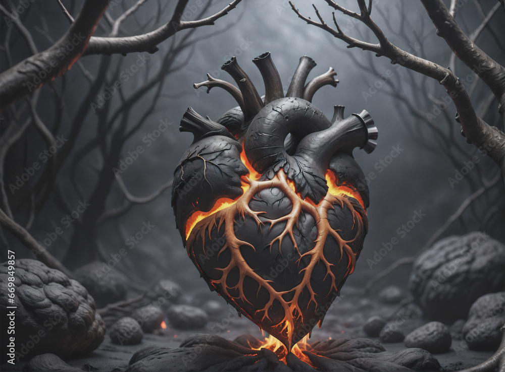 Poster a huge heart made of lava with fire inside against the backdrop of mysterious branches and forest. g