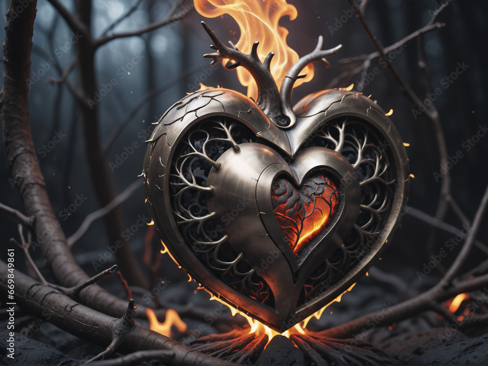 Poster steampunk heart with fire inside on a background of mysterious branches and forest. generative ai