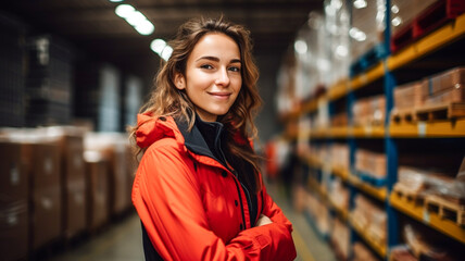 Portrait of happy young woman warehouse worker looking at camera. Woman in production hall and warehouse, pallets with products ready for collection.
