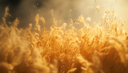 Korn oder Gras auf einem Feld im Sommer mit viel Licht und fliegenden Partikeln als Hintergrund