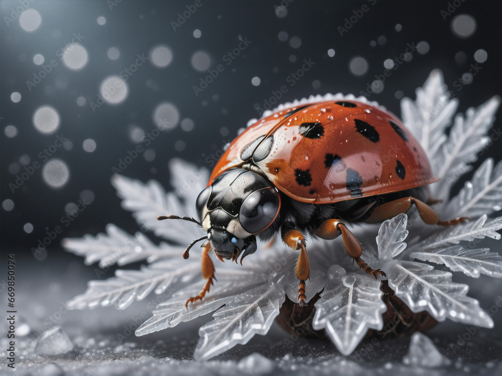 Poster ladybug sitting on a snowflake, macro photo. generative ai