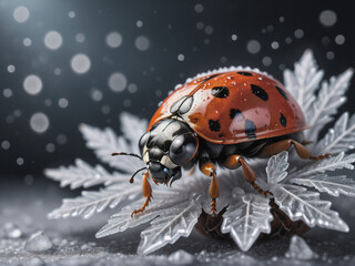 ladybug sitting on a snowflake, macro photo. Generative AI