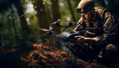 Military soldier controls drone for reconnaissance operation of enemy positions. Concept using quadrocopters in smart war - obrazy, fototapety, plakaty