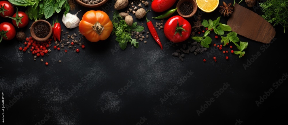 Poster top view of rustic style culinary setting with black stone vegetables and spices