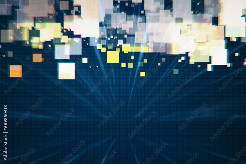 Poster Creative pixels on abstract dark blue grid background. Landing page and innovation concept. 3D Rendering.