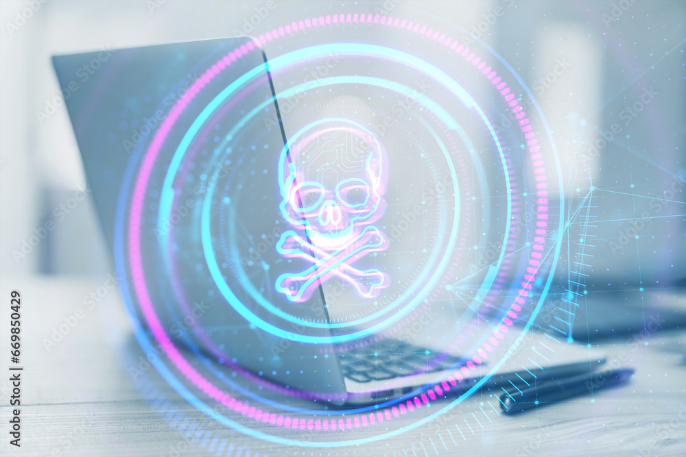 Poster Close up of laptop computer on desk with creative digital round skull hologram on blurry background. Hacking, piracy and malware concept. Double exposure.