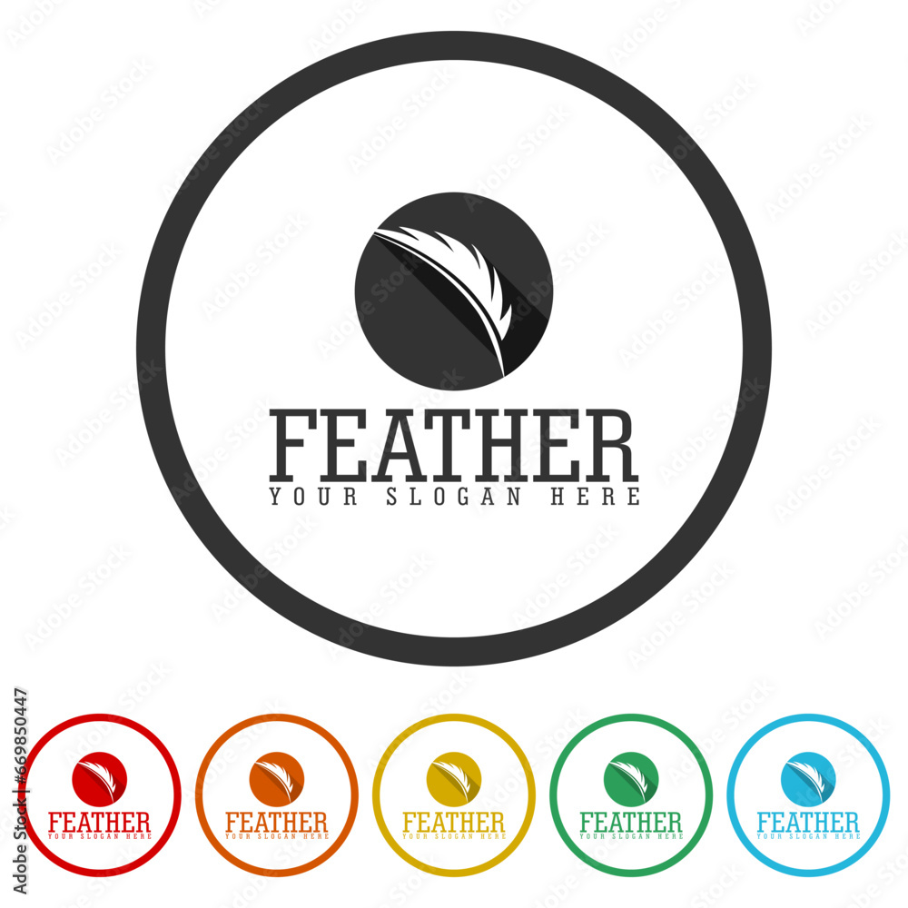 Poster quill feather logo template. set icons in color circle buttons