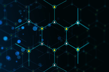 Creative glowing hexagonal pattern with tiny padlocks on blurry background. Digital security and firewall concept. 3D Rendering.
