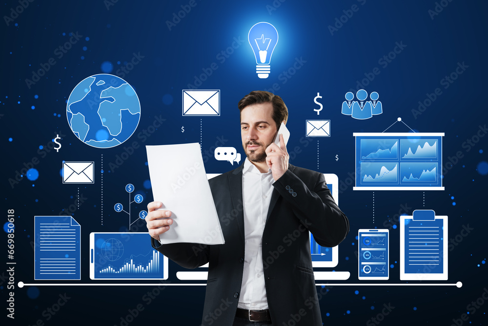 Poster attractive young european businessman talking on the phone and looking at document with accounting h