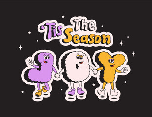 Christmas groovy mascot characters. Joy happy noel letters on black background.