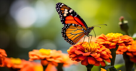 Obraz premium Macro shot of a luminous butterfly delicately perched on a bright flower, highlighting intricate wing patterns and nature's splendor. Ideal for nature enthusiasts.
