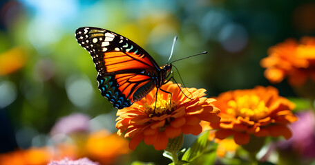 Macro shot of a luminous butterfly delicately perched on a bright flower, highlighting intricate wing patterns and nature's splendor. Ideal for nature enthusiasts.