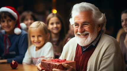 Obraz na płótnie Canvas Happy mature grandparent with gift box with present from grandchild