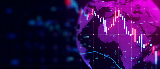 Creative glowing downward candlestick forex chart and globe on wide blurry background. Crisis, financial loss and crash concept. 3D Rendering. - obrazy, fototapety, plakaty