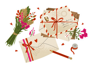 Composition of postal envelopes, letters and flowers for Valentine's Day. Love correspondence with a loved one. Vector illustration isolated on white background. All elements are movable and can be mo