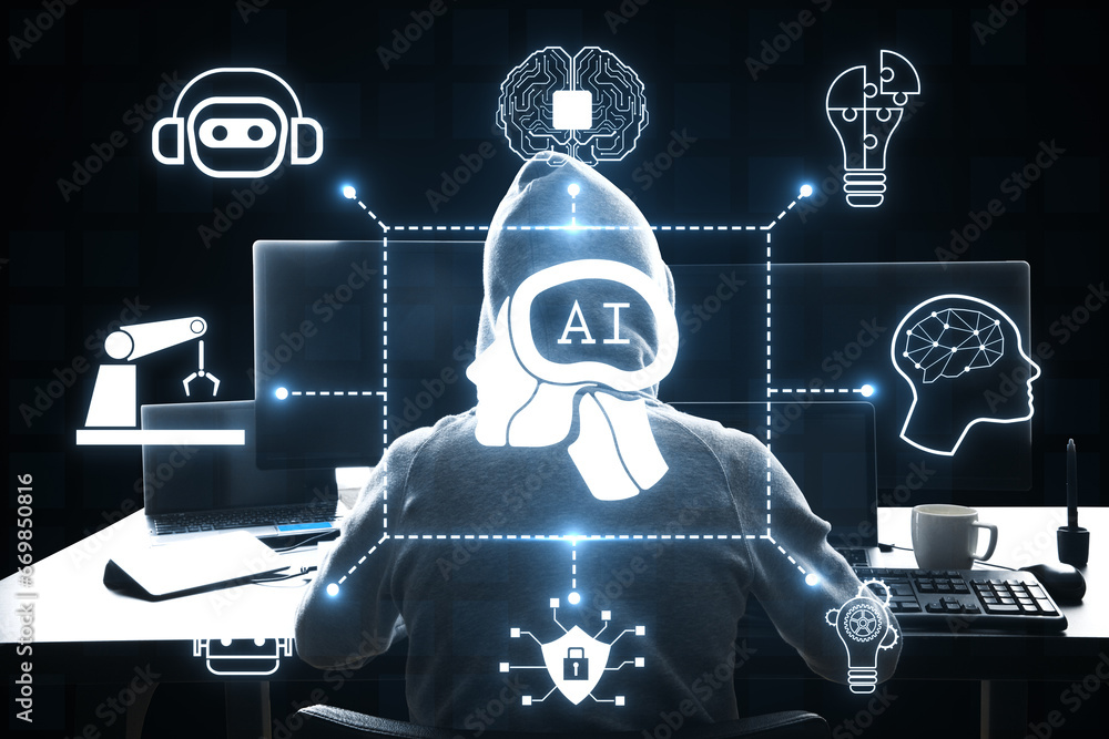 Leinwandbilder Back view of hacker using computers at desk with creative glowing ai hologram, digital human head on blue background. Automated hacking, artificial intelligence and conversation assistant concept.