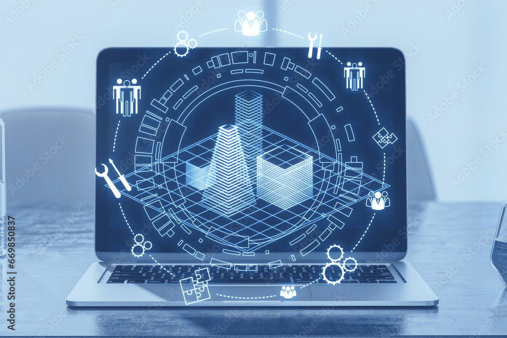 Aufkleber Close up of notebook with creative digital architectural project, round wireframe sketch with polygonal mesh and icons on blurry background. Real estate, VR and model concept. Double exposure.