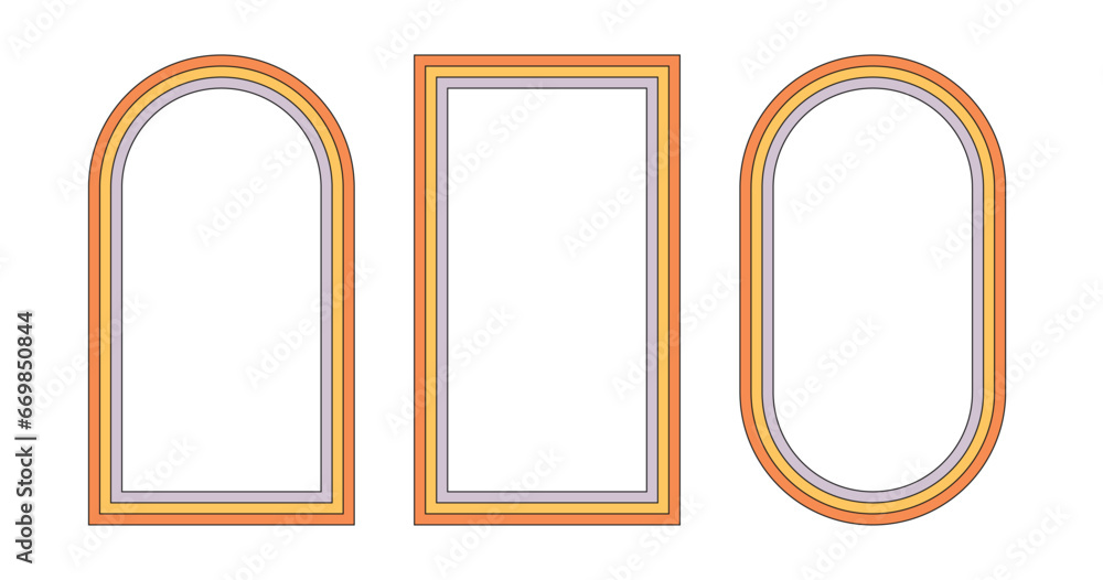 Poster groovy rainbow frames in 1970s hippie style. psychedelic retro borders. text box funky 70s. good vib