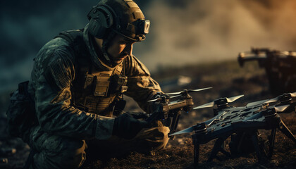 Fototapeta na wymiar Military soldier controls drone for reconnaissance operation of enemy positions. Concept using quadrocopters in smart war