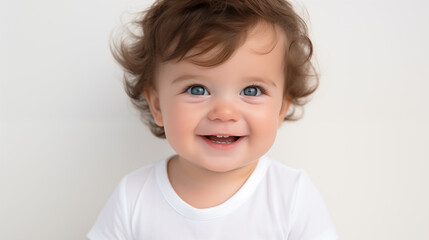 
Cute little baby  with blue eyes smiling on a white background
