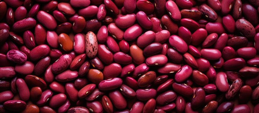 The high resolution photo depicts red and pink beans on a brown background
