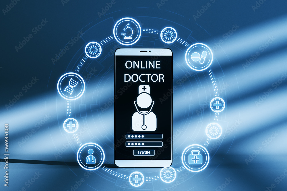 Poster close up of smartphone with abstract medical hologram, doctor with stethoscope and other icons on bl