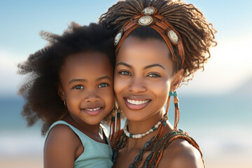 Woman and little girl enjoying their time on beach. Perfect for travel brochures or family vacation advertisements.