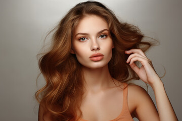 Naklejka premium Stunning young woman with flowing brown hair. This image can be used for various purposes, such as beauty and fashion blogs, haircare advertisements, or lifestyle magazines.